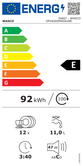 Étiquette énergie officielle UE — Wasco 34607 - WASCO OPVASKEMASKINE D7605FSS — Classe E
