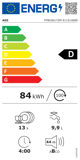 Étiquette énergie officielle UE — Aeg FFB53617ZM 911514085 — Classe D