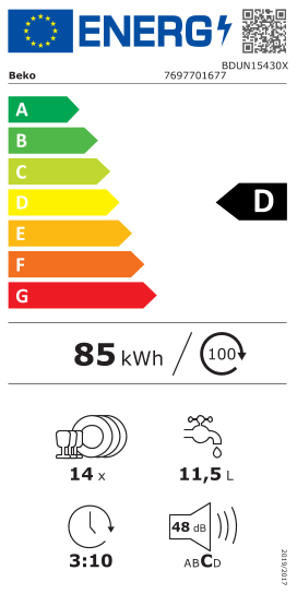 Étiquette énergie officielle UE — Beko BDUN15430X 7697701677 — Classe D