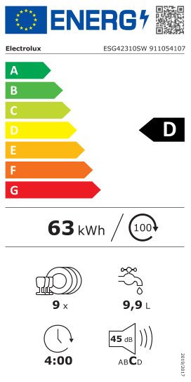 Étiquette énergie officielle UE — Electrolux ESG42310SW 911054107 — Classe D