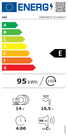 Étiquette énergie officielle UE — Aeg FSB52907Z 911536417 — Classe E