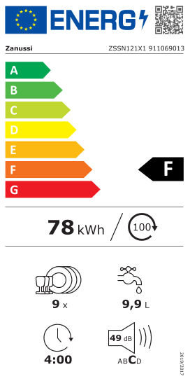 Étiquette énergie officielle UE — Zanussi ZSSN121X1 911069013 — Classe F