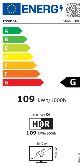 Étiquette énergie officielle UE — Toshiba 65UA6B63DG — Classe G