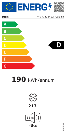 Étiquette énergie officielle UE — Miele FNS 7740 D 125 Gala Ed — Classe D