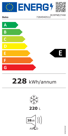 Étiquette énergie officielle UE — Beko B1RFNE274W 7284940512 — Classe E