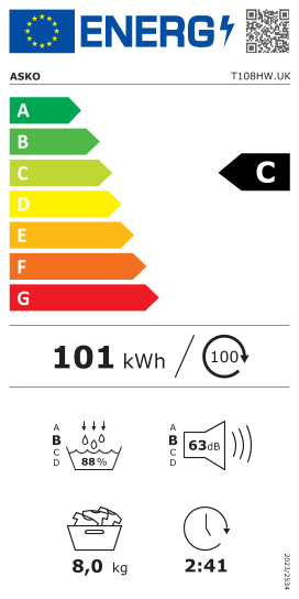 Étiquette énergie officielle UE — Asko T108HW.UK — Classe C