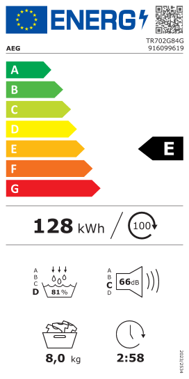 Étiquette énergie officielle UE — Aeg TR702G84G 916099619 — Classe E