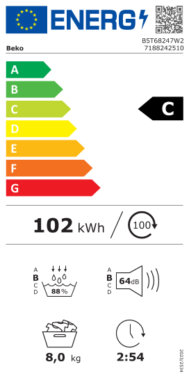 Étiquette énergie officielle UE — Beko B5T68247W2 7188242510 — Classe C