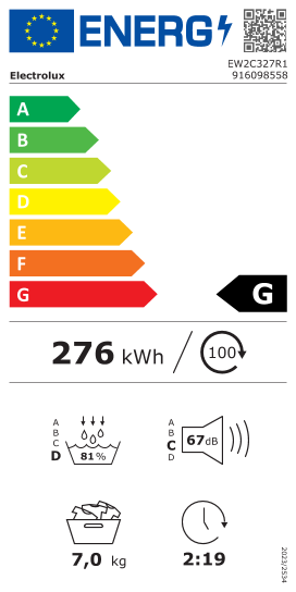 Étiquette énergie officielle UE — Electrolux EW2C327R1 916098558 — Classe G