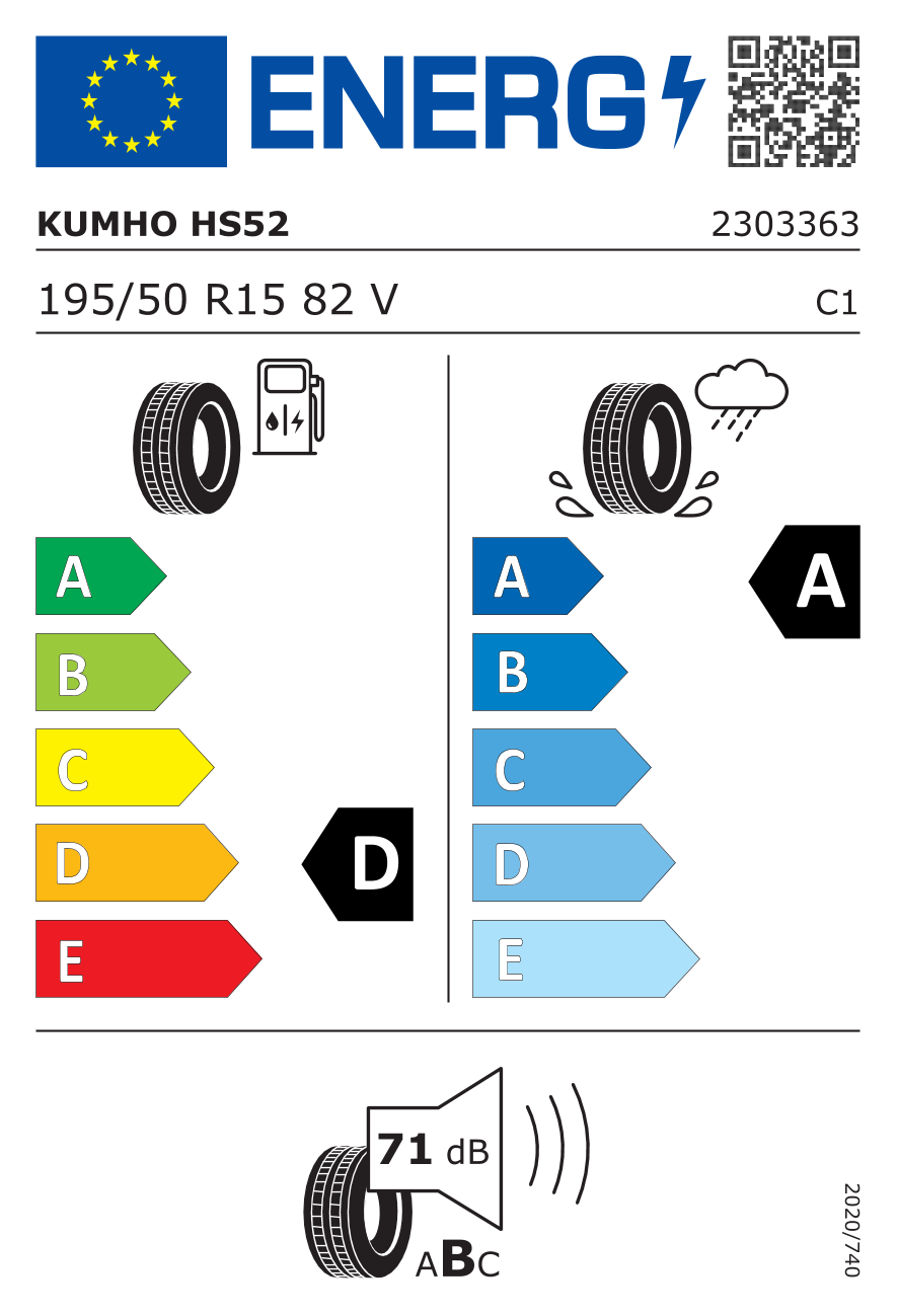 Etichetta Europea Kumho Kumho 195/50 R15 82V ECSTA HS52 pneumatici nuovi Estivo