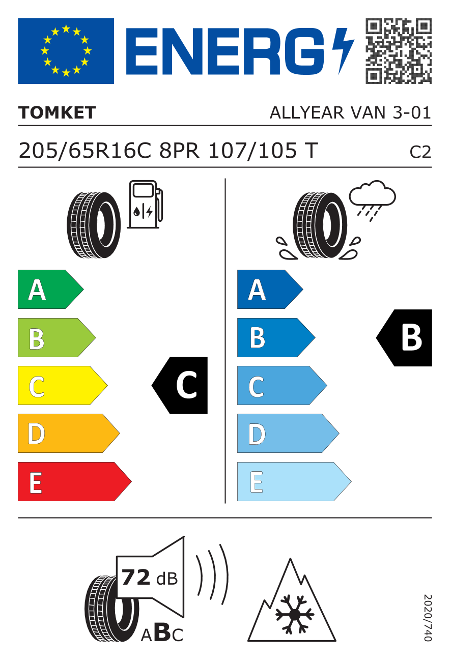 Etichetta Europea Tomket Tomket 205/65 R16C 107T 8PR ALLYEAR VAN 3 3PMSF Certif pneumatici nuovi All Season