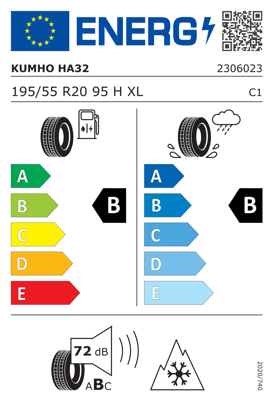 Etichetta Europea Kumho Kumho 195/55 R20 95H SOLUS 4S HA32 XL pneumatici nuovi All Season