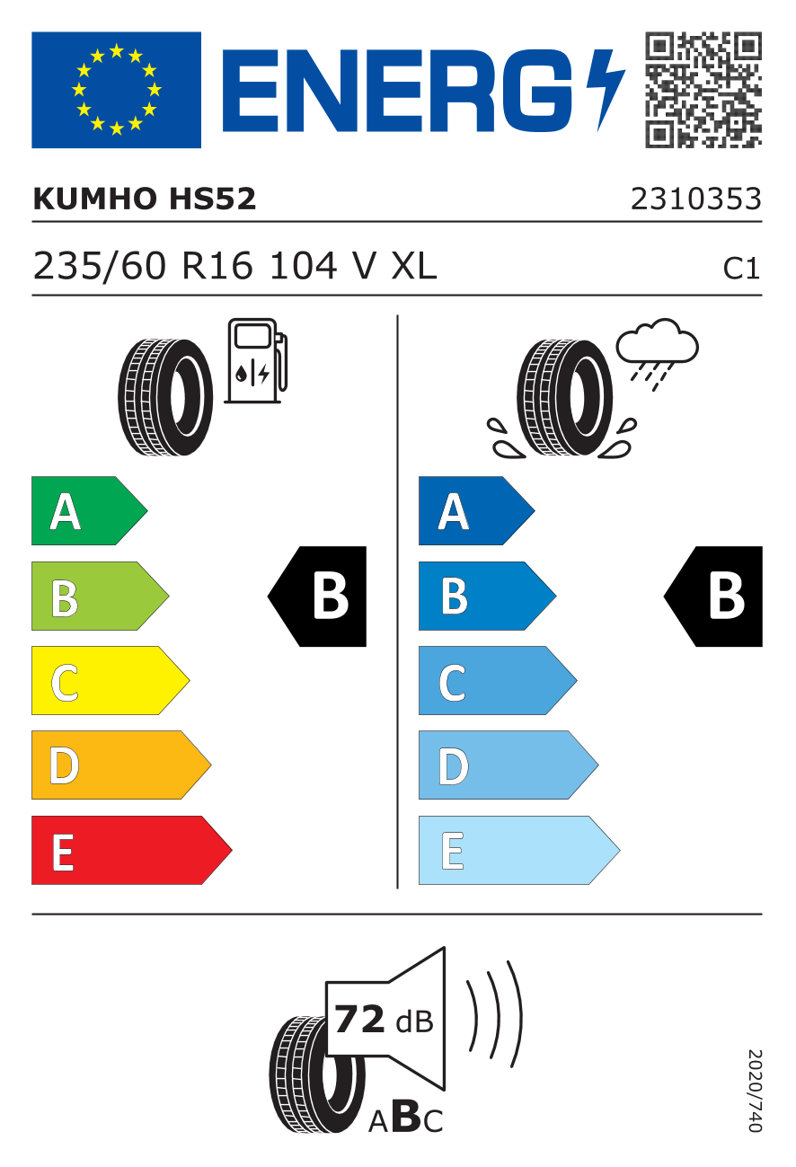 Etichetta Europea Kumho Kumho 235/60 R16 104V HS52 XL pneumatici nuovi Estivo