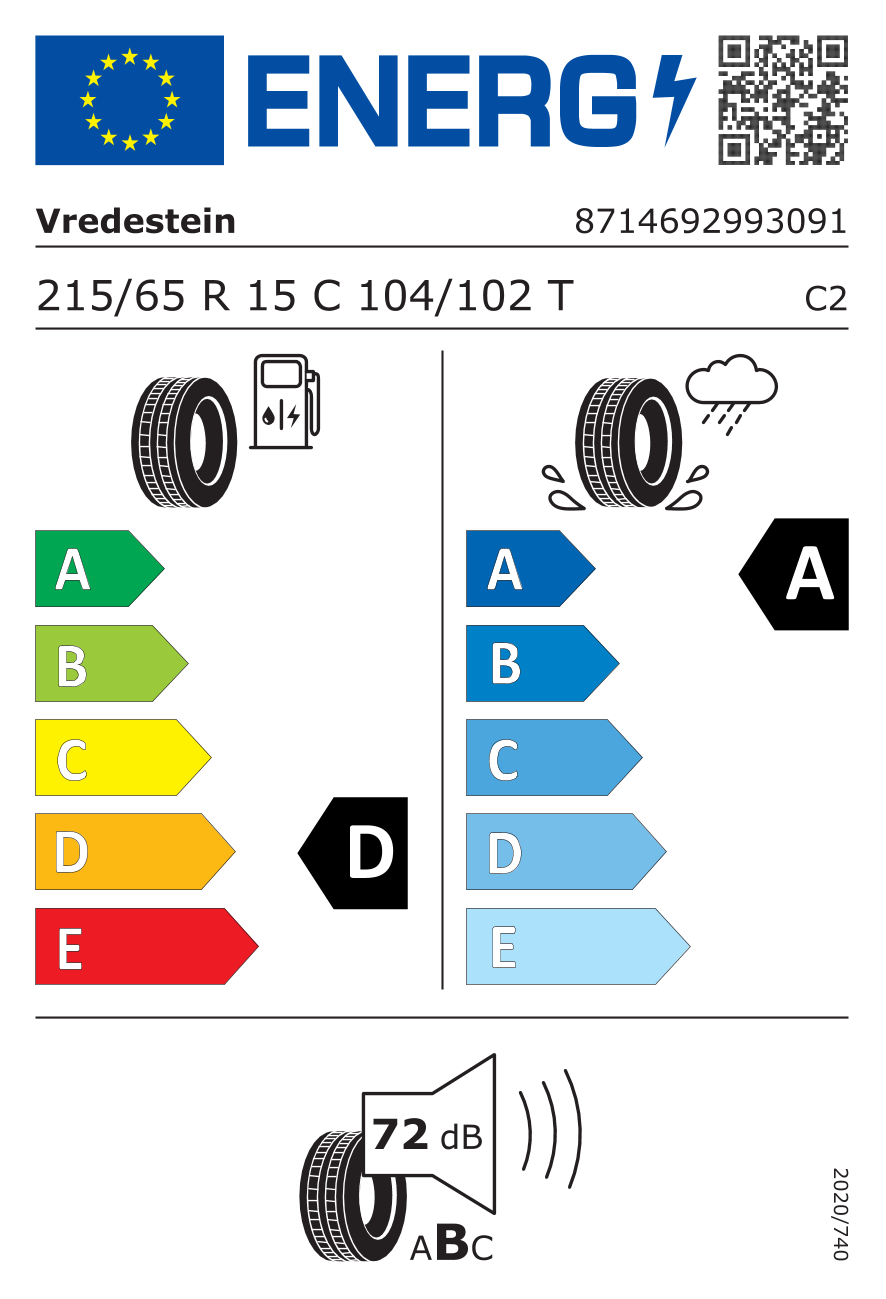 Zimné pneumatiky Vredestein 215/65R15C Comtrac 2+                                        Rýchlostný index T (T=190 km/h) Záťažový index 104/102 (900kg/850kg) Valivý odpor D