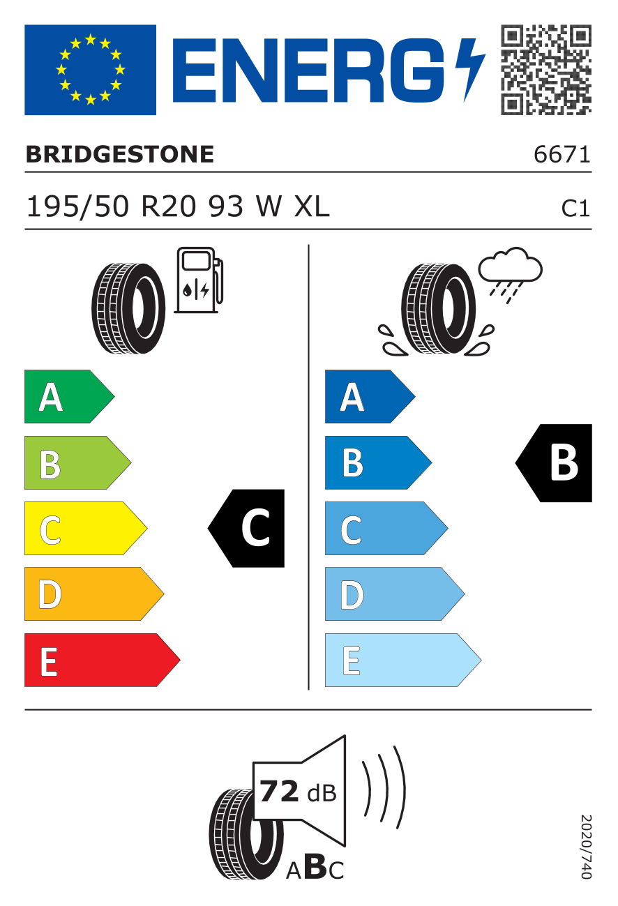 Etichetta Europea Bridgestone Bridgestone 195/50 R20 93W S001 I XL pneumatici nuovi Estivo