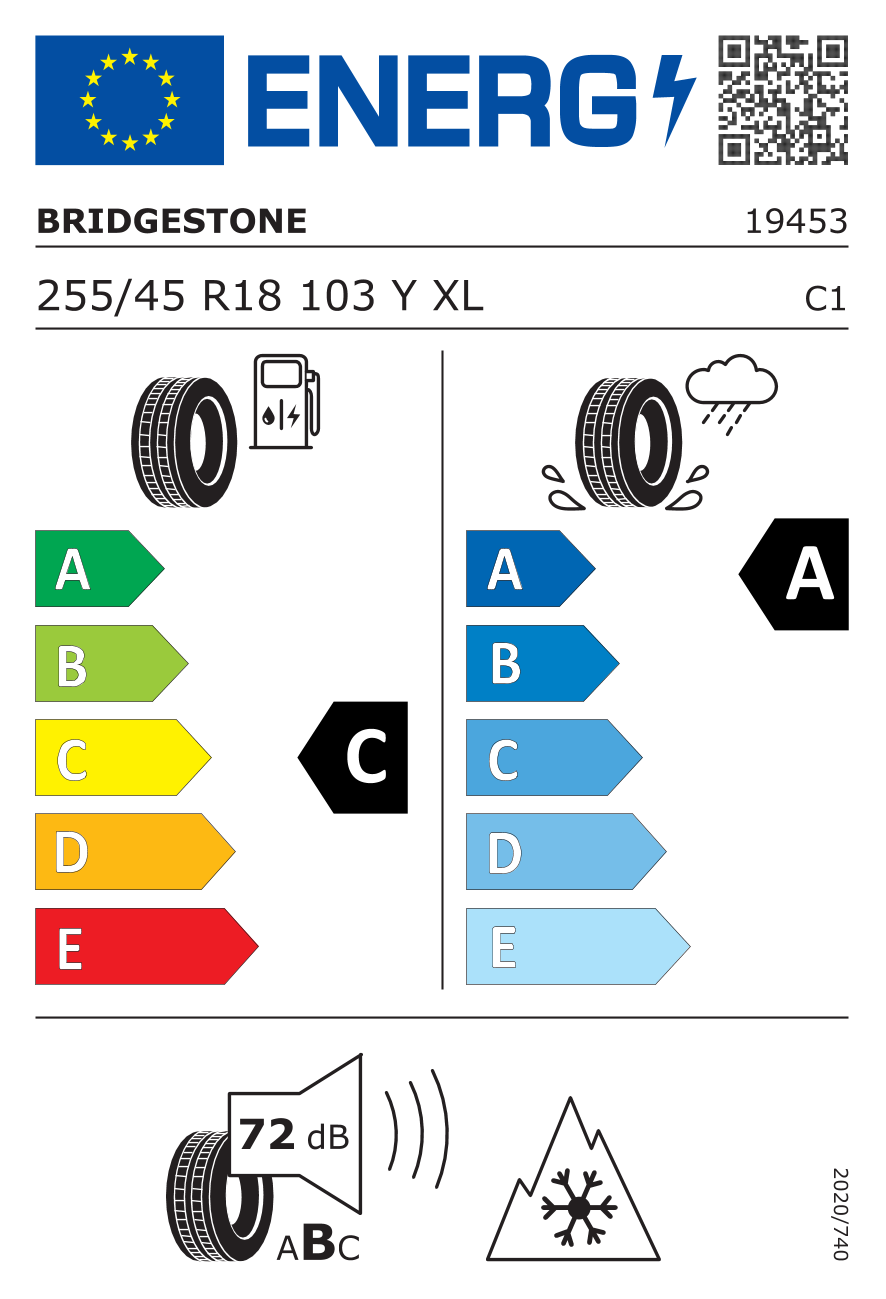 Etichetta Europea Bridgestone Bridgestone 255/45 R18 103Y A005E XL pneumatici nuovi All Season