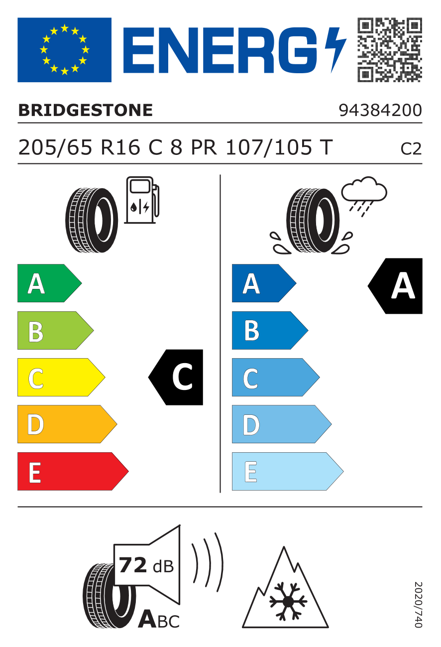 Etichetta Europea Bridgestone Bridgestone 205/65 R16C 107/105T DURAVIS A/S pneumatici nuovi All Season