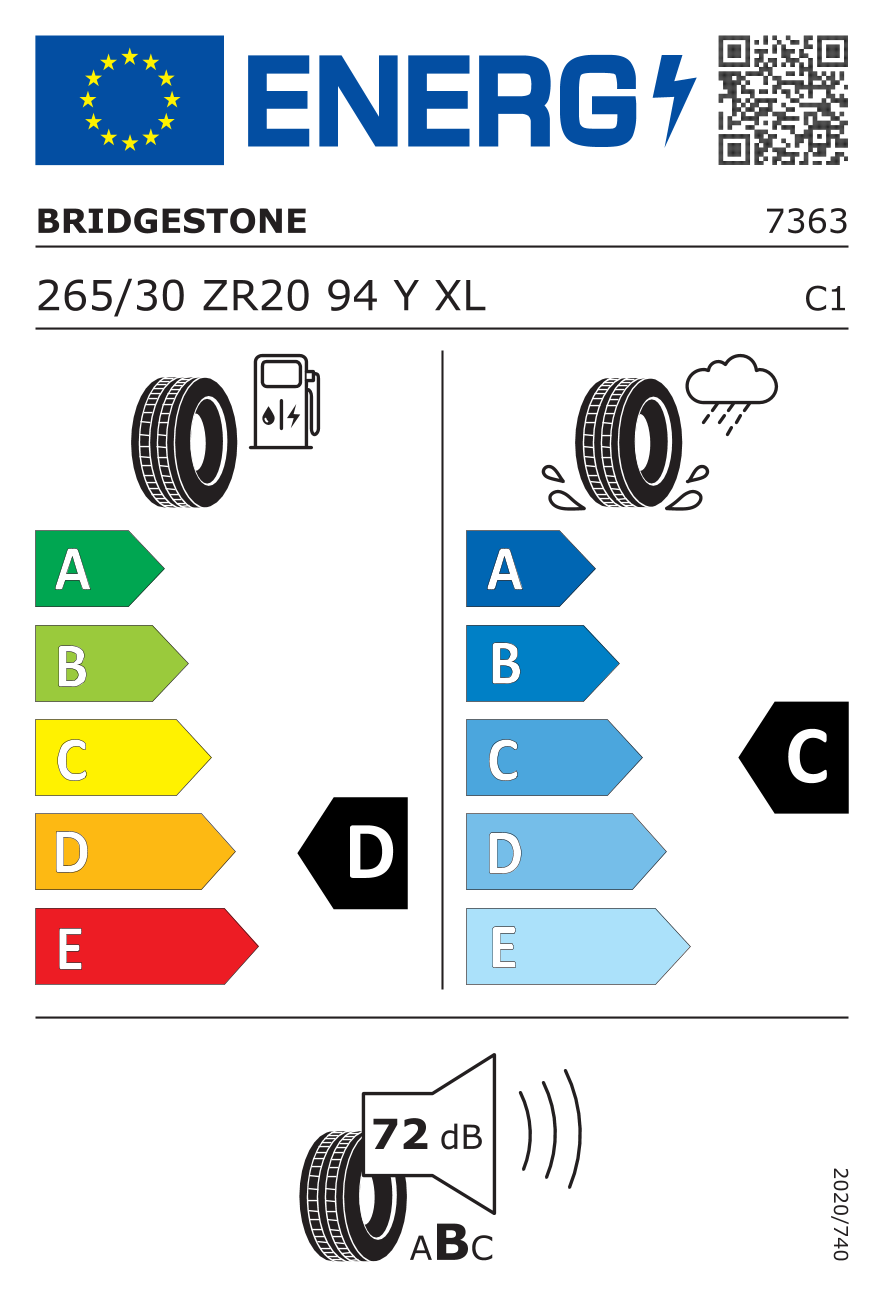 Etichetta Europea Bridgestone Bridgestone 265/30 R20 94Y Potenza S007 RO2 XL pneumatici nuovi Estivo