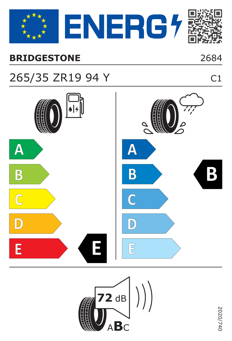 Etichetta Europea Bridgestone Bridgestone 265/35 R19 94Y Potenzare050a pneumatici nuovi Estivo