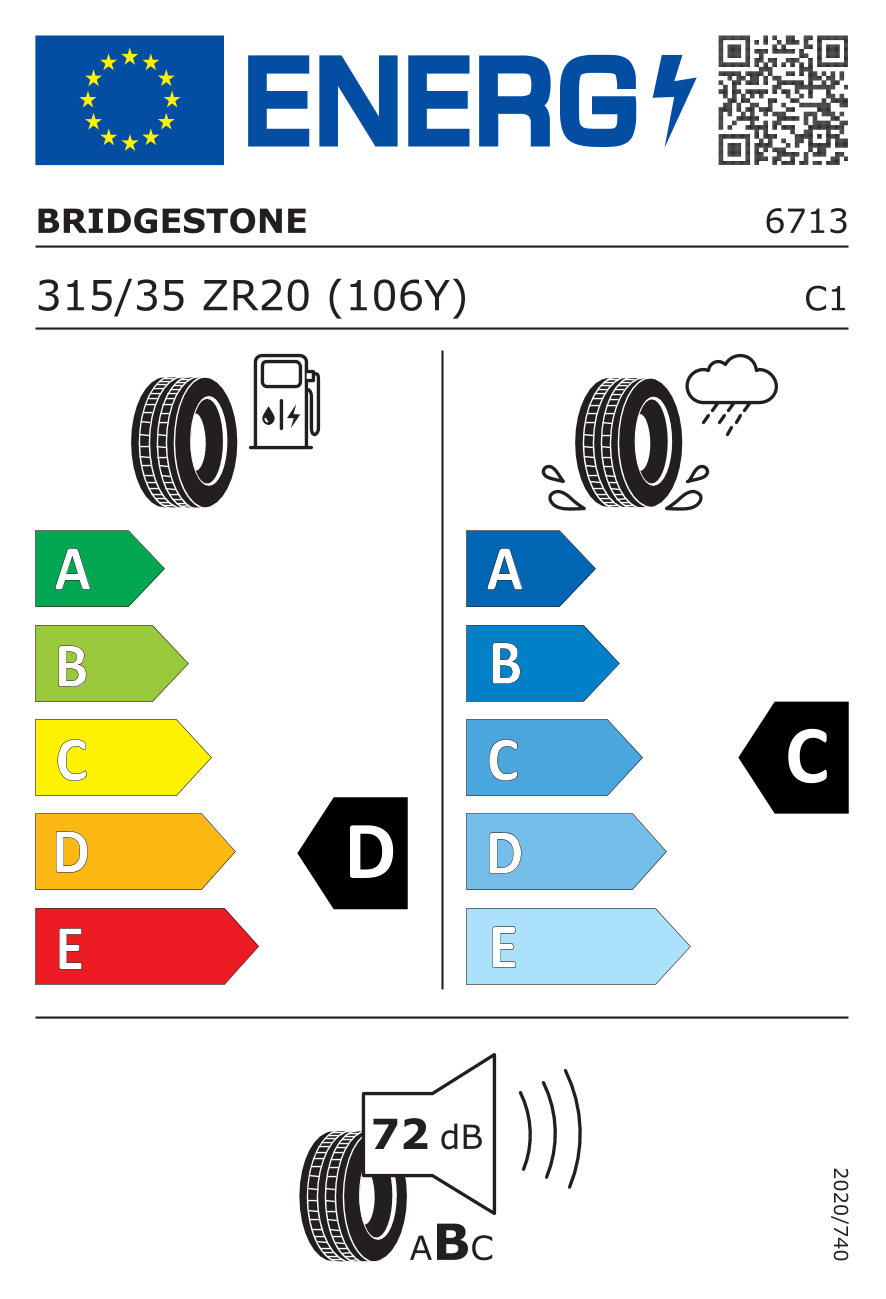 Etichetta Europea Bridgestone Bridgestone 315/35 R20 106Y POTENZA S007 F Runflat pneumatici nuovi Estivo