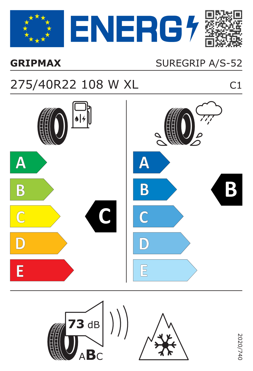 Etichetta Europea Gripmax Gripmax 275/40 R22 108W SureGrip A/S BSW XL pneumatici nuovi All Season