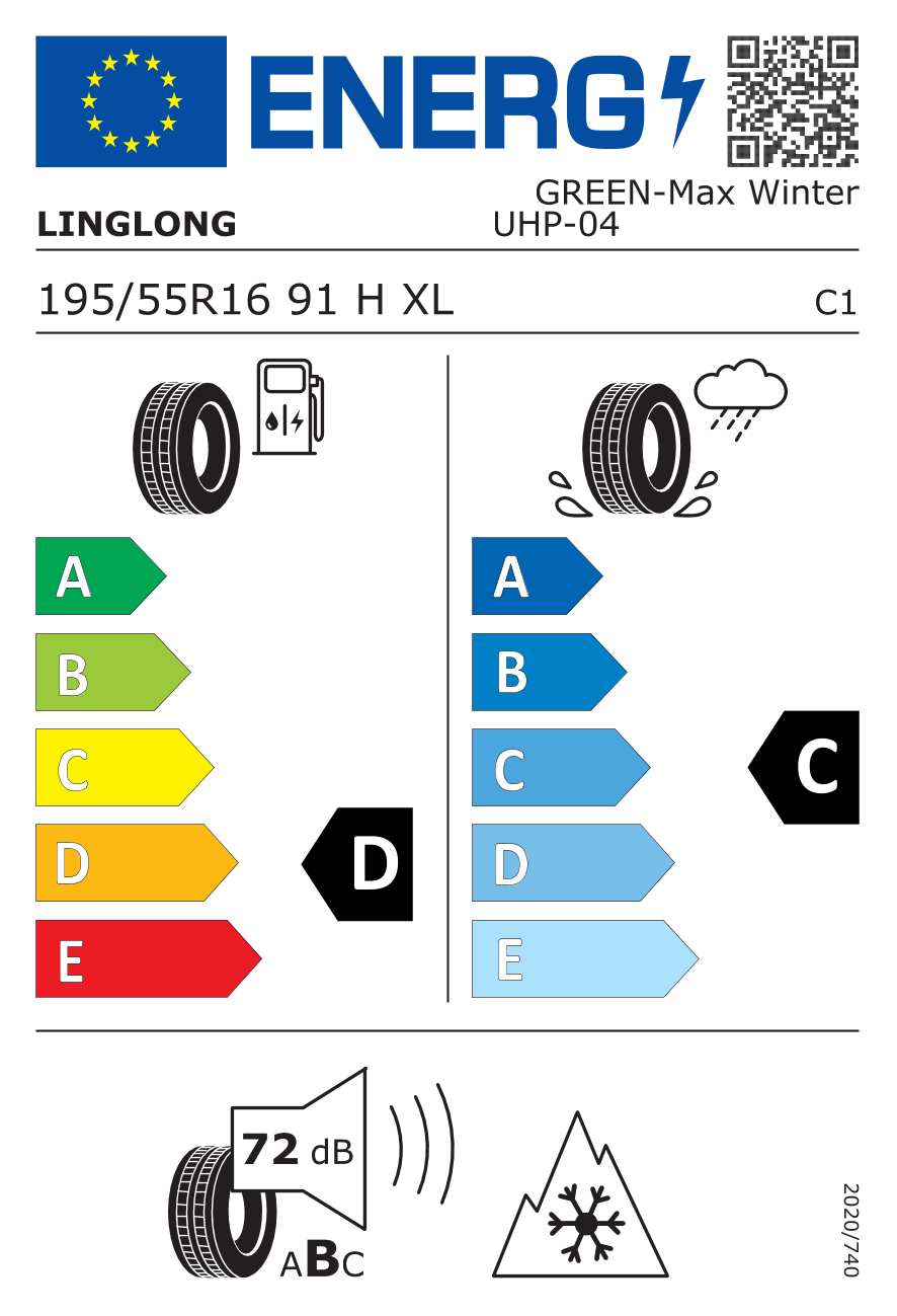 Etichetta Europea Linglong Linglong 195/55 R16 91H GREEN-MAX WINTER UHP pneumatici nuovi Invernale