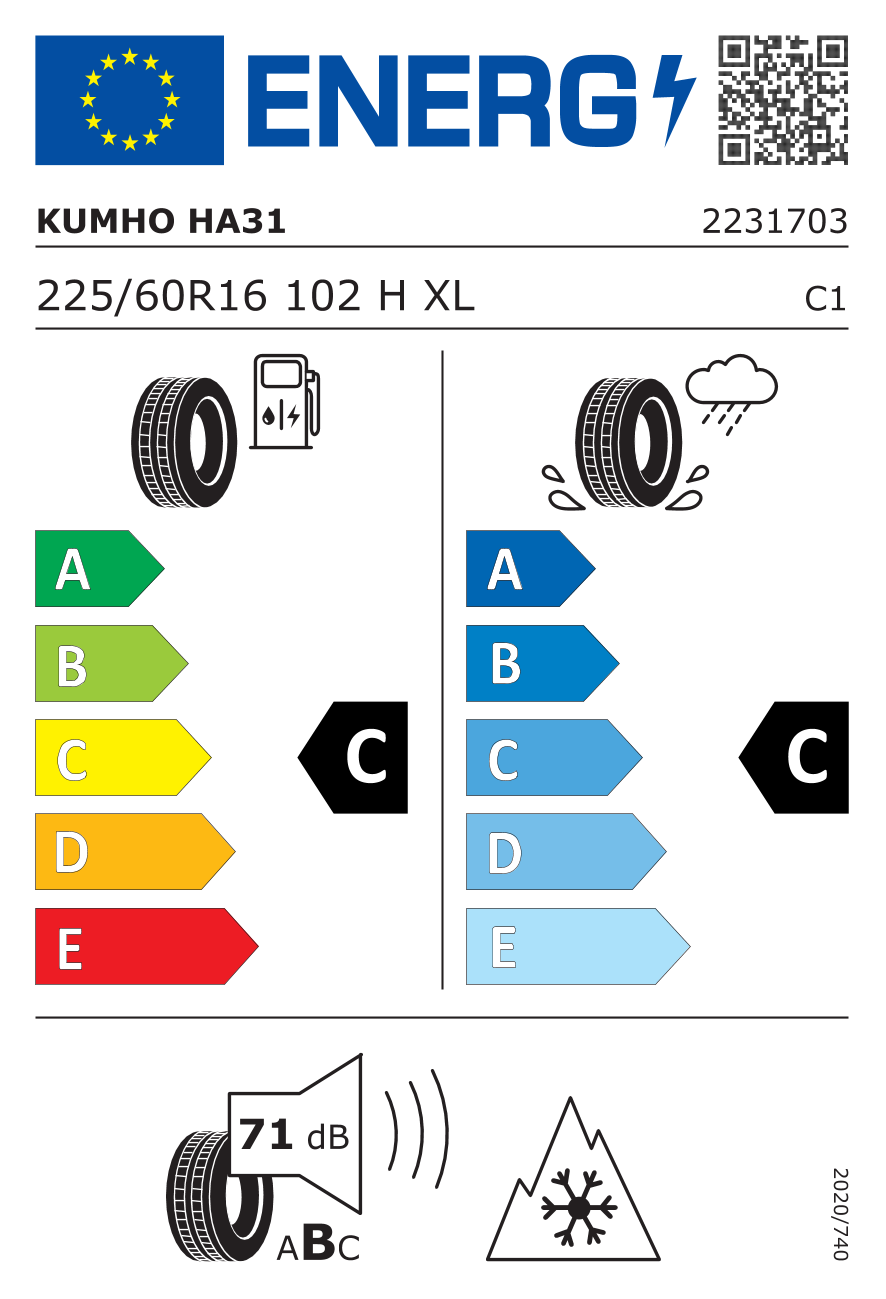 Etichetta Europea Kumho Kumho 225/60 R16 102H HA31(4STAG XL pneumatici nuovi All Season