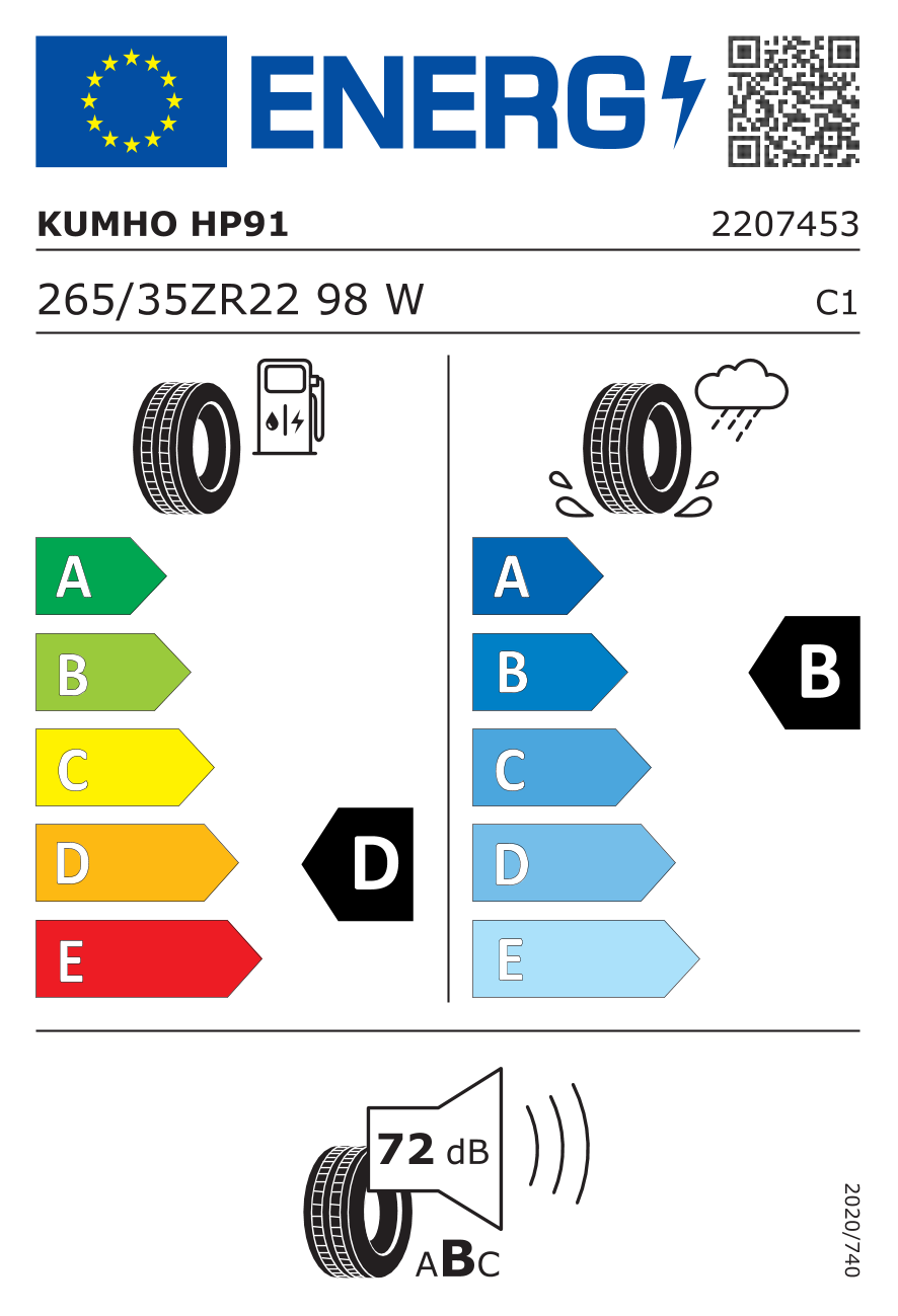 Etichetta Europea Kumho Kumho 265/35 R22 98W HP-91 pneumatici nuovi Estivo