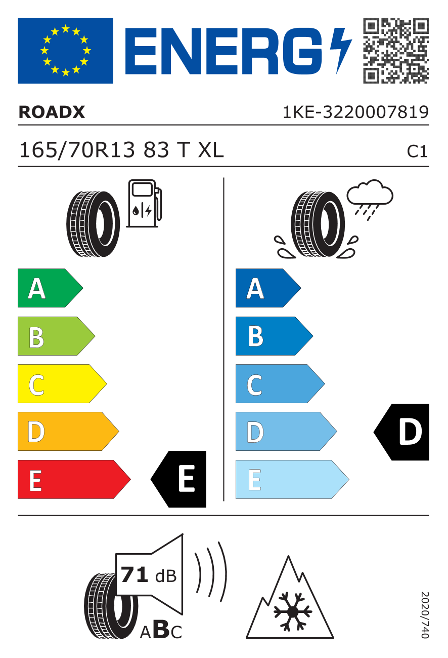 Etichetta Europea Roadx Roadx 165/70 R13 83T WH01 XL pneumatici nuovi Invernale