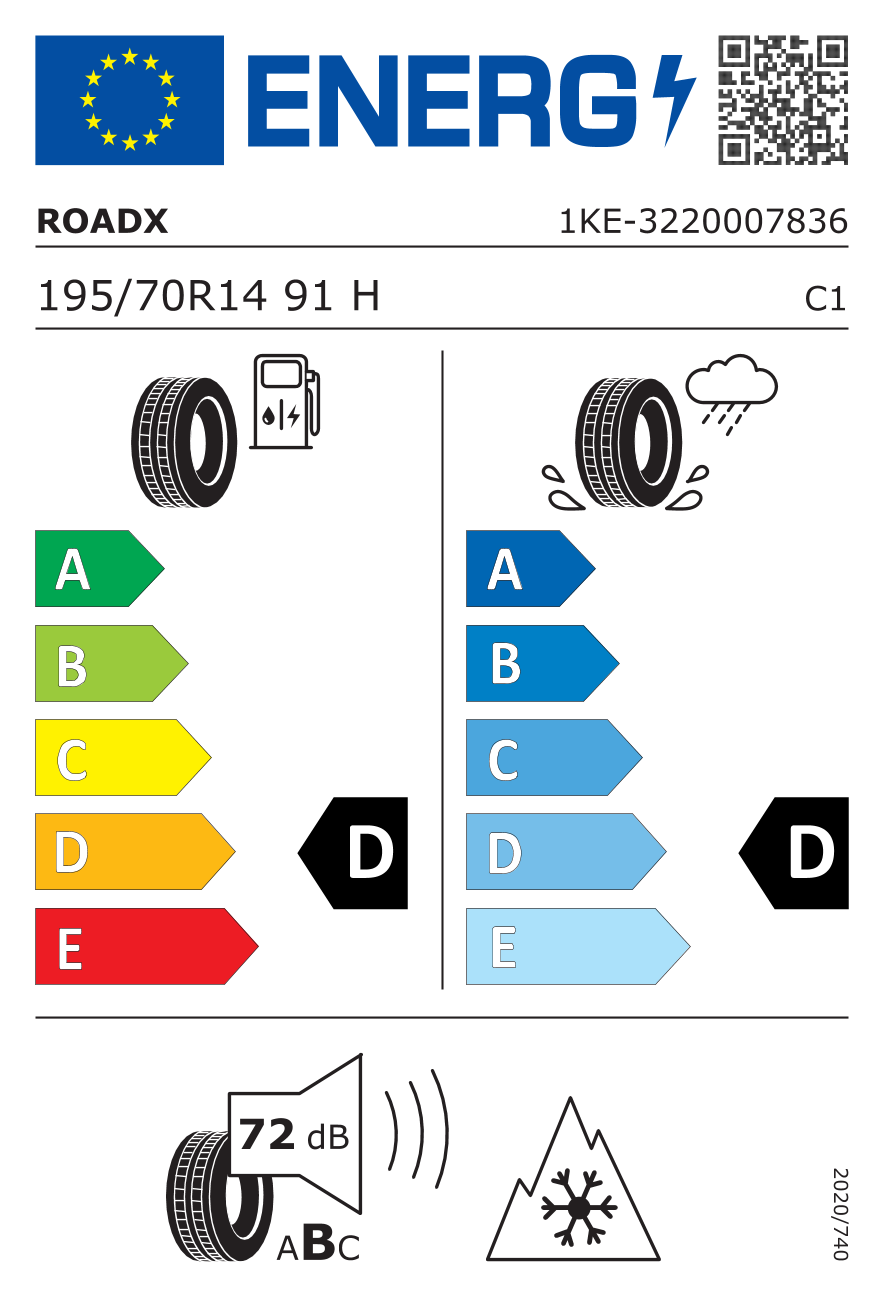 Etichetta Europea Roadx Roadx 195/70 R14 91H WH01 pneumatici nuovi Invernale