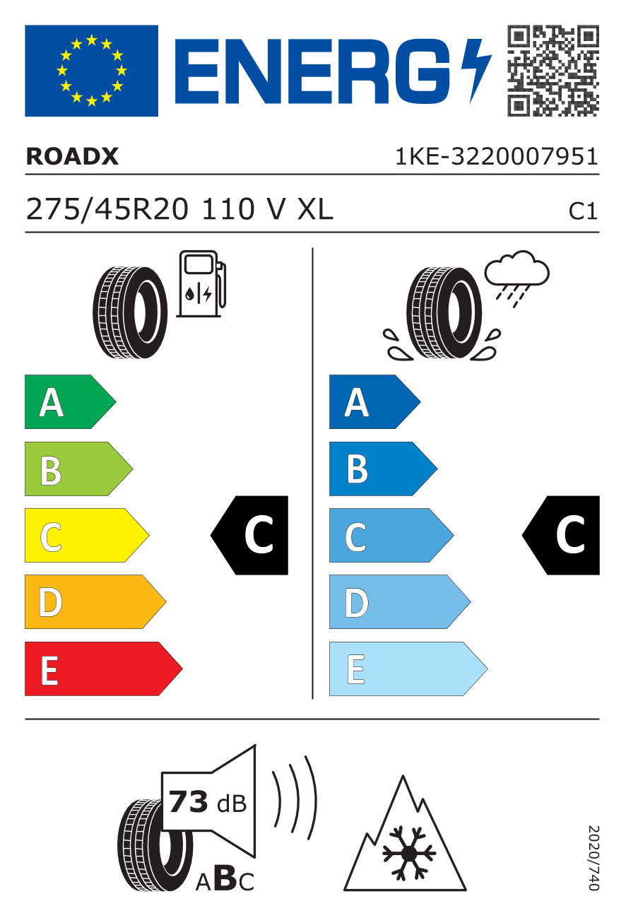Etichetta Europea Roadx Roadx 275/45 R20 110V WU01 XL pneumatici nuovi Invernale