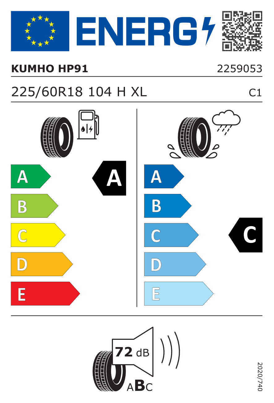 Etichetta Europea Kumho Kumho 225/60 R18 104H HP-91 XL pneumatici nuovi Estivo