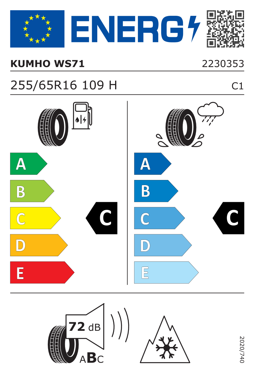 Etichetta Europea Kumho Kumho 255/65 R16 109H WS71 pneumatici nuovi Invernale