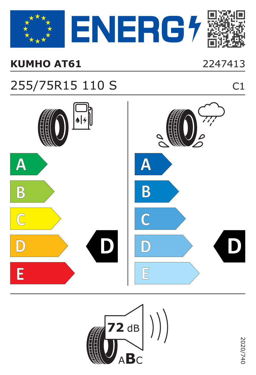 Etichetta Europea Kumho Kumho 255/75 R15 110S AT61 pneumatici nuovi Estivo