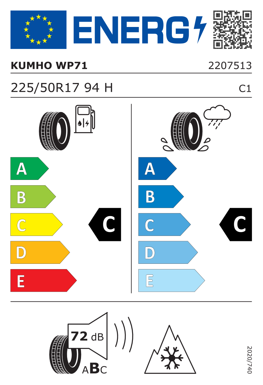 Etichetta Europea Kumho Kumho 225/50 R17 94H WP71 pneumatici nuovi Invernale
