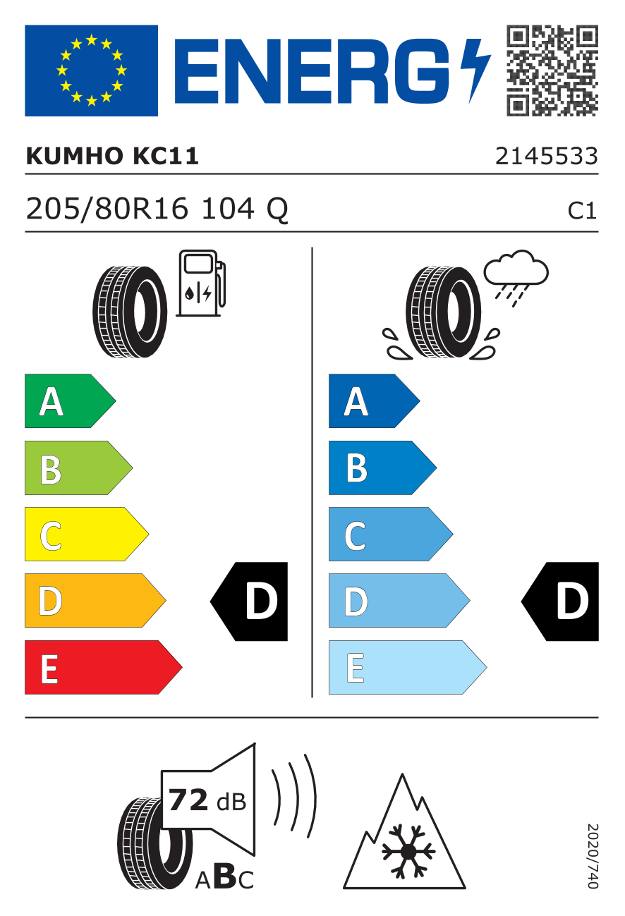 Etichetta Europea Kumho Kumho 205/80 R16 104Q KC11 POWER GRIP XL pneumatici nuovi Invernale