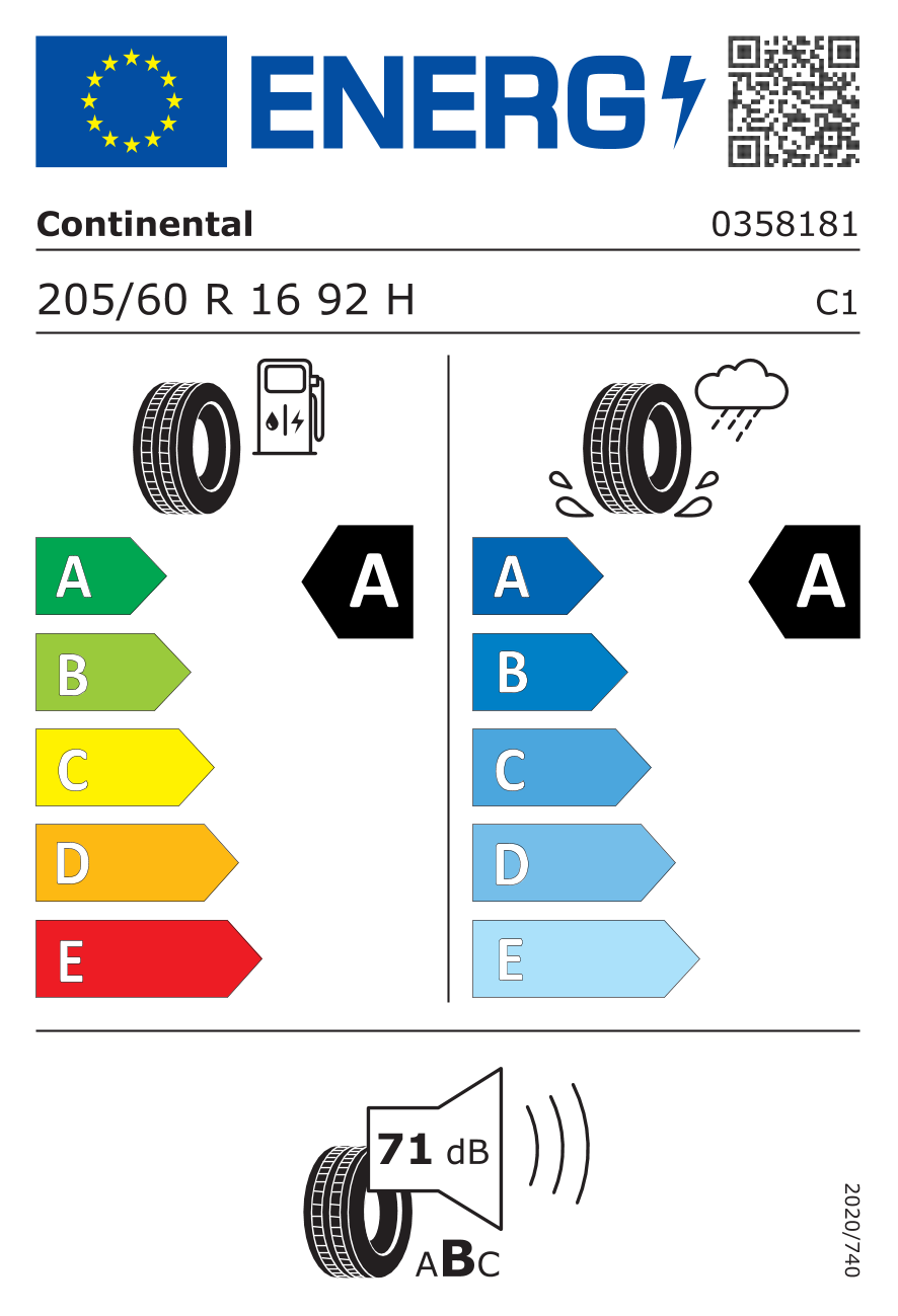 Etichetta Europea Continental Continental 205/60 R16 92H Ecocontact6 pneumatici nuovi Estivo