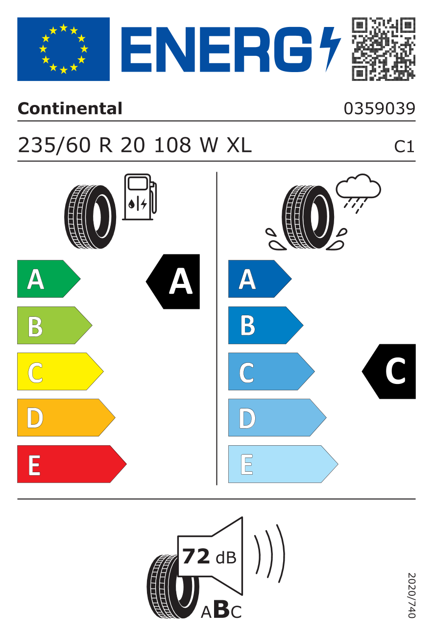 Etichetta Europea Continental Continental 235/60 R20 108W CROSSCONTAC LX SPORT LR MFS XL pneumatici nuovi Estivo