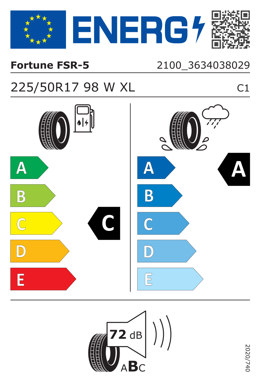 Eticheta energetica UE pentru Anvelopa Vara 225/50R17 98W FORTUNE VIENTO FSR-702 (EPREL 488367)