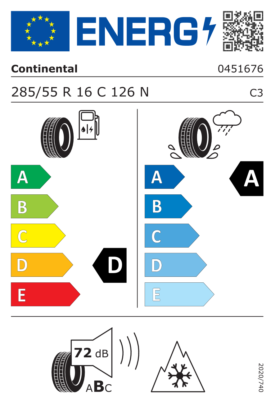 Etichetta Europea Continental Continental 285/55 R16C 126N VANCNT 4SEASON VW pneumatici nuovi All Season
