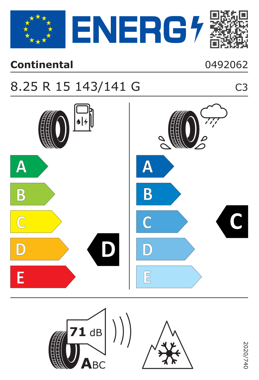 Etichetta Europea Continental Continental 8.25 R15 143/141G HTR pneumatici nuovi Estivo