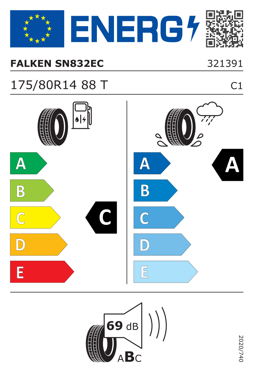 Etichetta Europea Falken Falken 175/80 R14 88T SINCERA SN832 ECORUN pneumatici nuovi Estivo