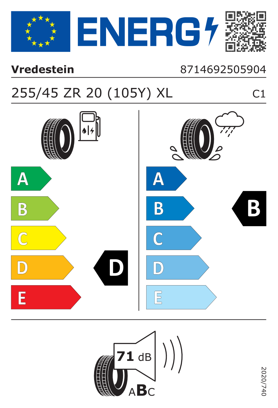Etichetta Europea Vredestein Vredestein 255/45 R20 105Y Ultrac Vorti+ XL pneumatici nuovi Estivo