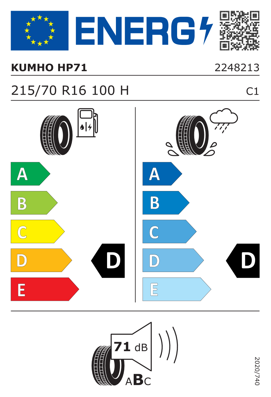 Etichetta Europea Kumho Kumho 215/70 R16 100H HP71 pneumatici nuovi Estivo