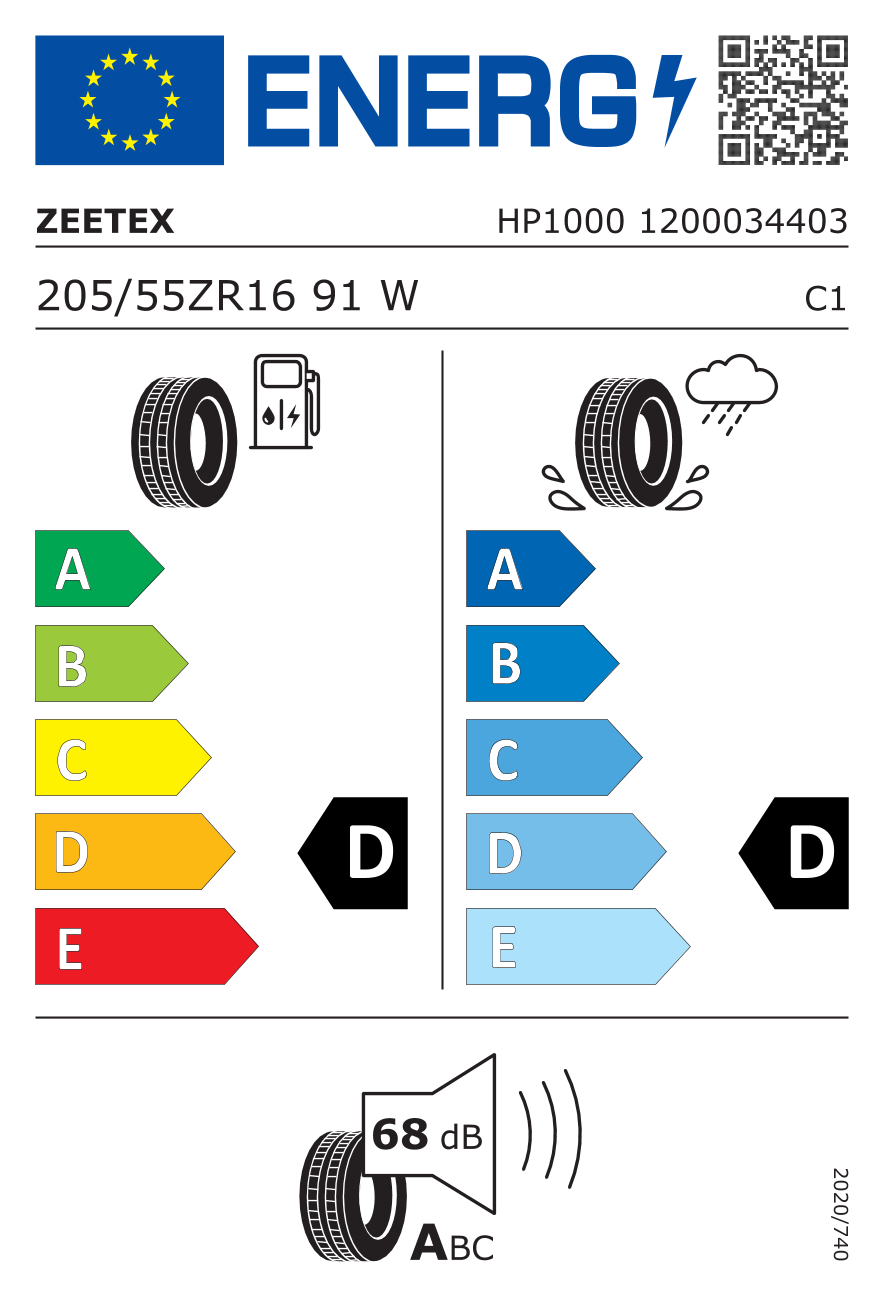 Etichetta Europea Zeetex Zeetex 205/55 R16 91W Hp1000 pneumatici nuovi Estivo