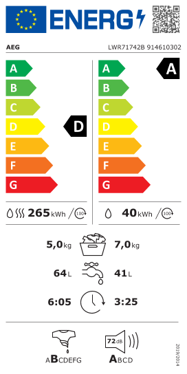 Étiquette énergie officielle UE — Aeg LWR71742B 914610302 — Classe D