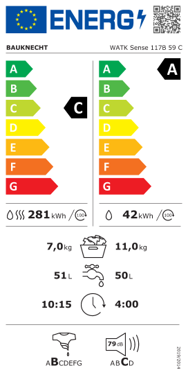 Étiquette énergie officielle UE — Bauknecht WATK Sense 117B 59 C — Classe C