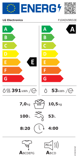 Étiquette énergie officielle UE — LG F104DV9RD2E — Classe E