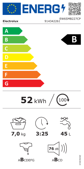 Étiquette énergie officielle UE — Electrolux EW6SMB227CP 914342261 — Classe B
