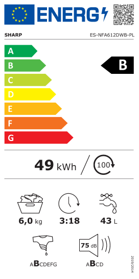 Étiquette énergie officielle UE — Sharp ES-NFA612DWB-PL — Classe B